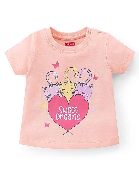Babyhug Single Jersey Knit Half Sleeves Capri Night Suit Kitty Print - Peach