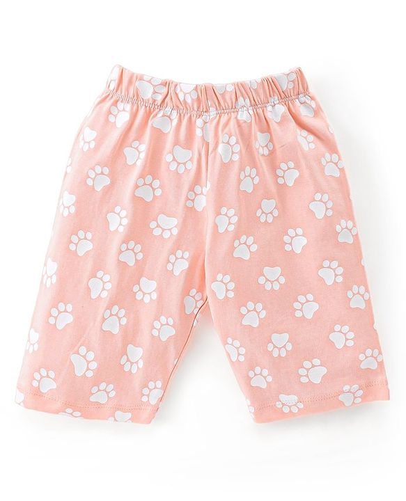 Babyhug Single Jersey Knit Half Sleeves Capri Night Suit Kitty Print - Peach