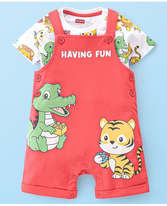 Babyhug Single Jersey Cotton Knit Dungaree with Half Sleeves Inner Tee Croc & Tiger Print - Red