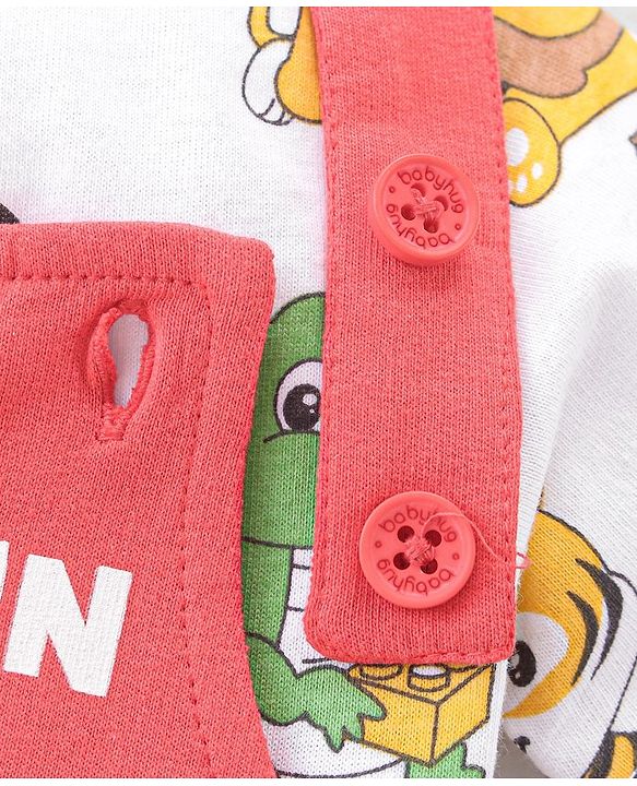Babyhug Single Jersey Cotton Knit Dungaree with Half Sleeves Inner Tee Croc & Tiger Print - Red