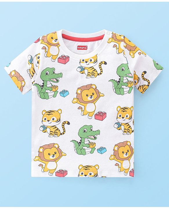 Babyhug Single Jersey Cotton Knit Dungaree with Half Sleeves Inner Tee Croc & Tiger Print - Red