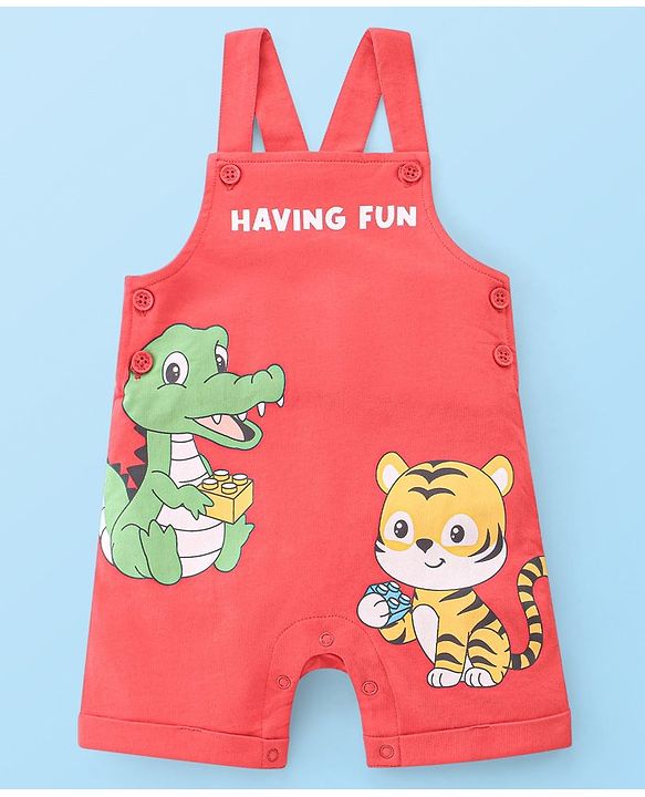 Babyhug Single Jersey Cotton Knit Dungaree with Half Sleeves Inner Tee Croc & Tiger Print - Red