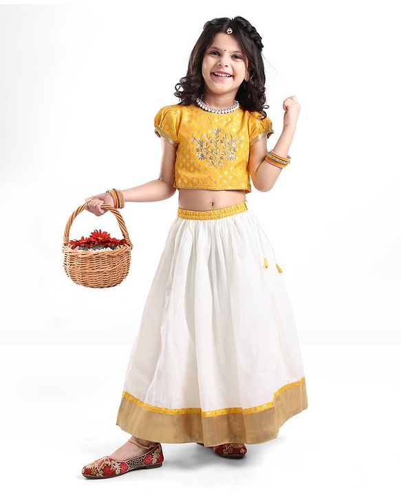 Babyhug Half Sleeves Pattu Pavada Choli & Lehenga with Floral Embroidery - Yellow
