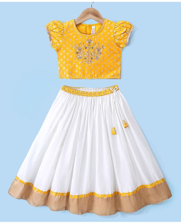 Babyhug Half Sleeves Pattu Pavada Choli & Lehenga with Floral Embroidery - Yellow