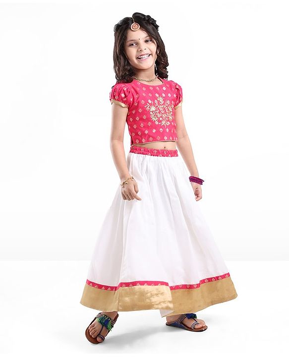 Babyhug Half Sleeves Pattu Pavada Choli & Lehenga with Floral Embroidery - Fuchsia