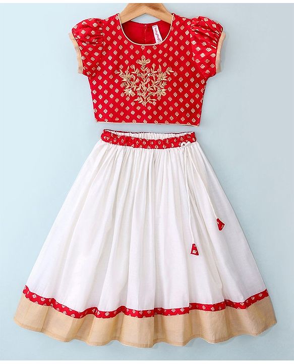 Babyhug Half Sleeves Pattu Pavada Choli & Lehenga with Floral Embroidery - Red
