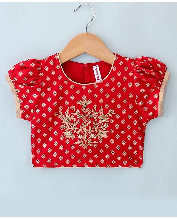 Babyhug Half Sleeves Pattu Pavada Choli & Lehenga with Floral Embroidery - Red