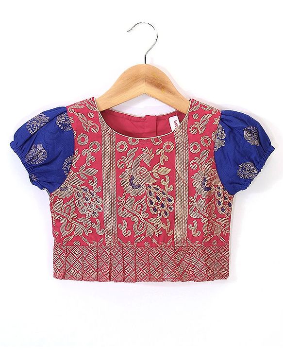 Babyhug Half Sleeves Pattu Pavada Choli with Lehenga Set with Bird Embroidery - Blue