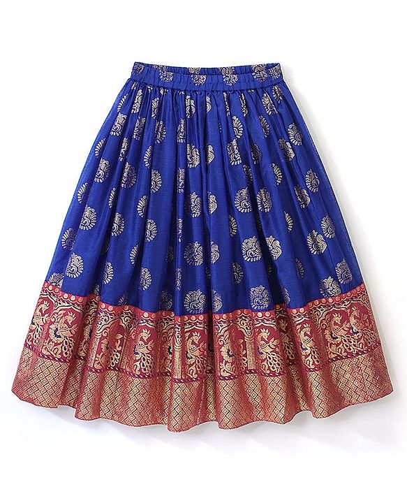 Babyhug Half Sleeves Pattu Pavada Choli with Lehenga Set with Bird Embroidery - Blue