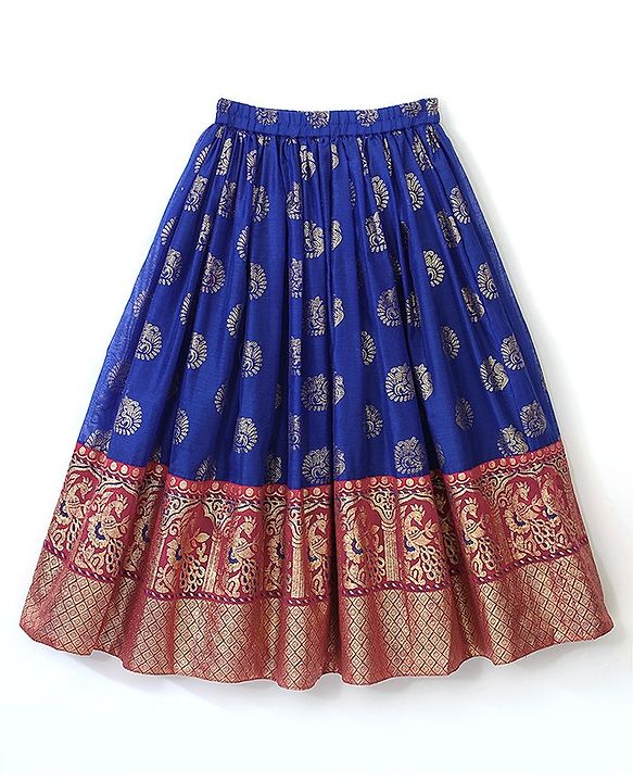 Babyhug Half Sleeves Pattu Pavada Choli with Lehenga Set with Bird Embroidery - Blue