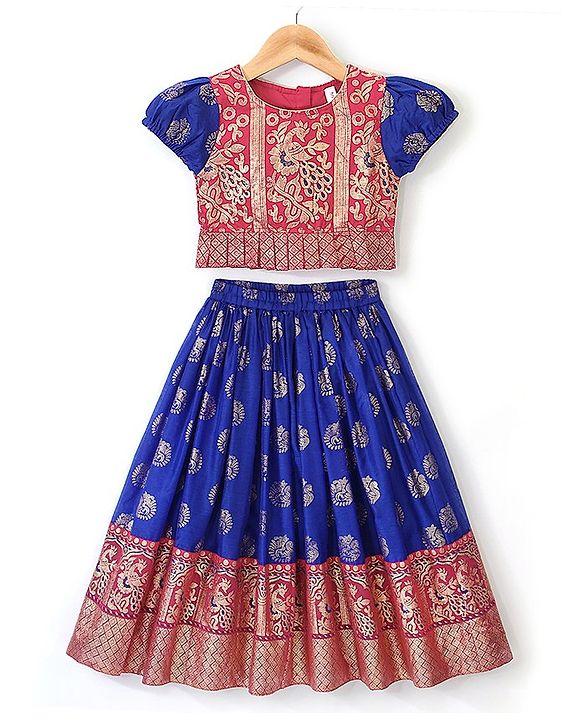 Babyhug Half Sleeves Pattu Pavada Choli with Lehenga Set with Bird Embroidery - Blue