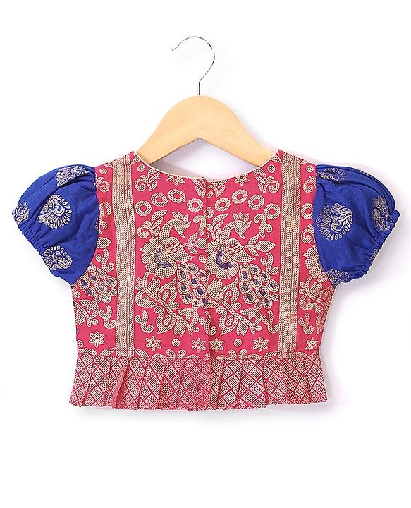 Babyhug Half Sleeves Pattu Pavada Choli with Lehenga Set with Bird Embroidery - Blue