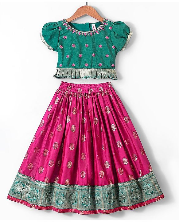 Babyhug Half Sleeves Pattu Pavada Choli with Lehenga Set with  Floral Embroidery - Fuchsia