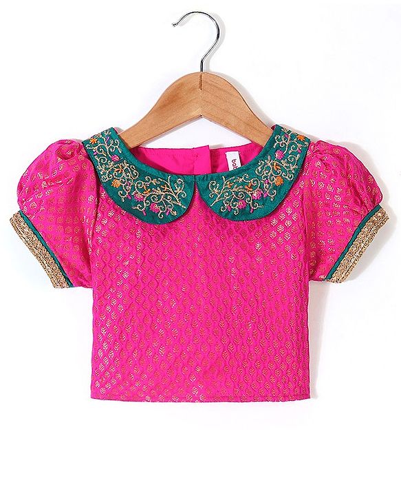 Babyhug Half Sleeves Pattu Pavada Choli with Lehenga Set with  Floral Embroidery - Teal Blue