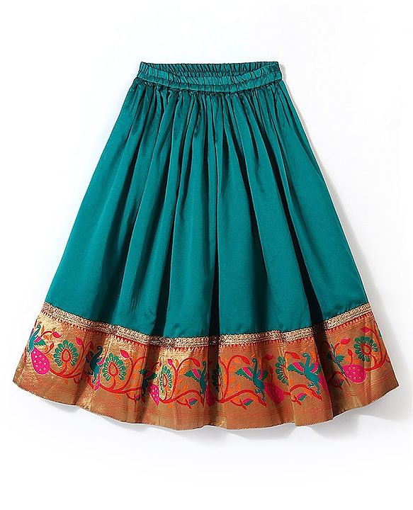 Babyhug Half Sleeves Pattu Pavada Choli with Lehenga Set with  Floral Embroidery - Teal Blue