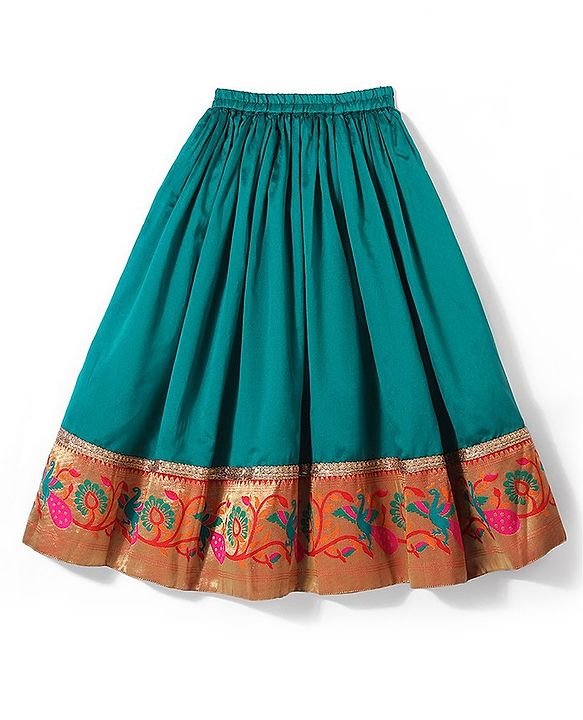 Babyhug Half Sleeves Pattu Pavada Choli with Lehenga Set with  Floral Embroidery - Teal Blue