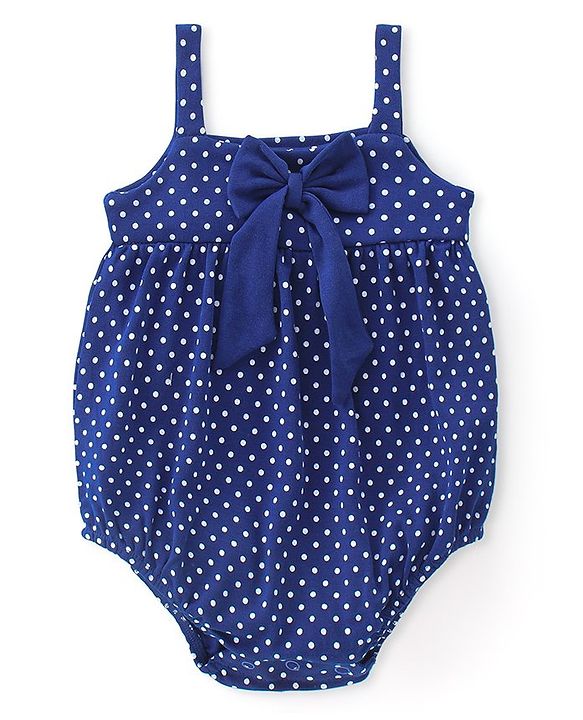 Babyhug 100% Cotton Knit Sleeveless Polka Dots Printed Onesie with Bow Applique - Navy Blue