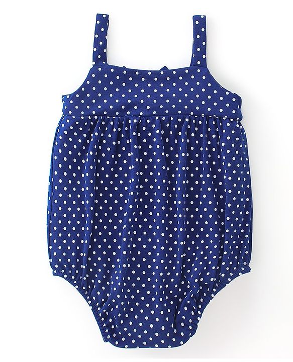 Babyhug 100% Cotton Knit Sleeveless Polka Dots Printed Onesie with Bow Applique - Navy Blue