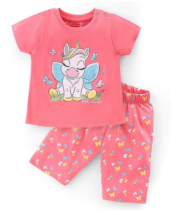 Babyhug Cotton Knit Single Jersey Half Sleeves Capri Night Suit With Unicorn Print - Pink