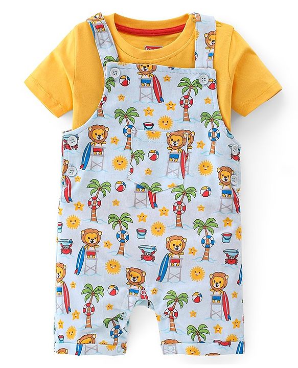 Babyhug 100% Cotton Knit Dungaree & Half Sleeves T-Shirt Set Text & Lion Print - Yellow & Blue