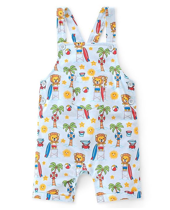 Babyhug 100% Cotton Knit Dungaree & Half Sleeves T-Shirt Set Text & Lion Print - Yellow & Blue