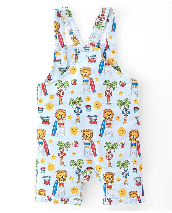 Babyhug 100% Cotton Knit Dungaree & Half Sleeves T-Shirt Set Text & Lion Print - Yellow & Blue