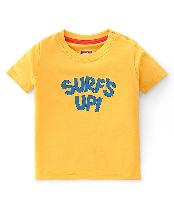 Babyhug 100% Cotton Knit Dungaree & Half Sleeves T-Shirt Set Text & Lion Print - Yellow & Blue