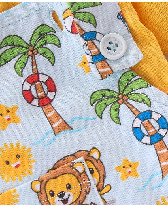Babyhug 100% Cotton Knit Dungaree & Half Sleeves T-Shirt Set Text & Lion Print - Yellow & Blue