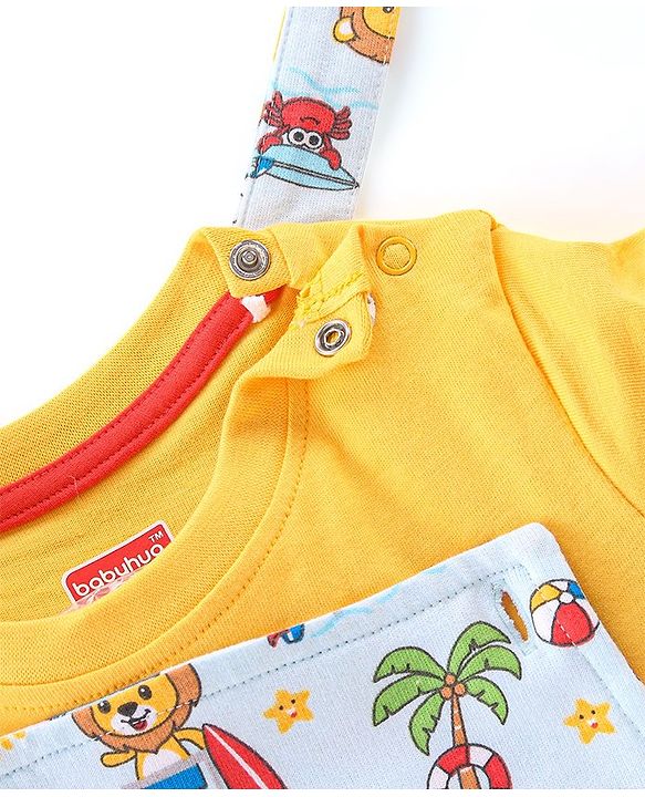 Babyhug 100% Cotton Knit Dungaree & Half Sleeves T-Shirt Set Text & Lion Print - Yellow & Blue