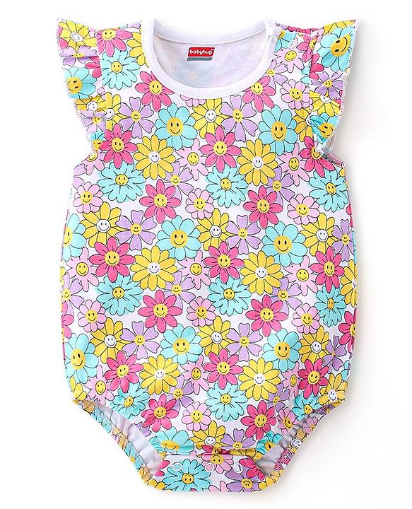 Babyhug 100% Cotton Knit Frill Sleeves Floral Printed Onesie - Multicolour