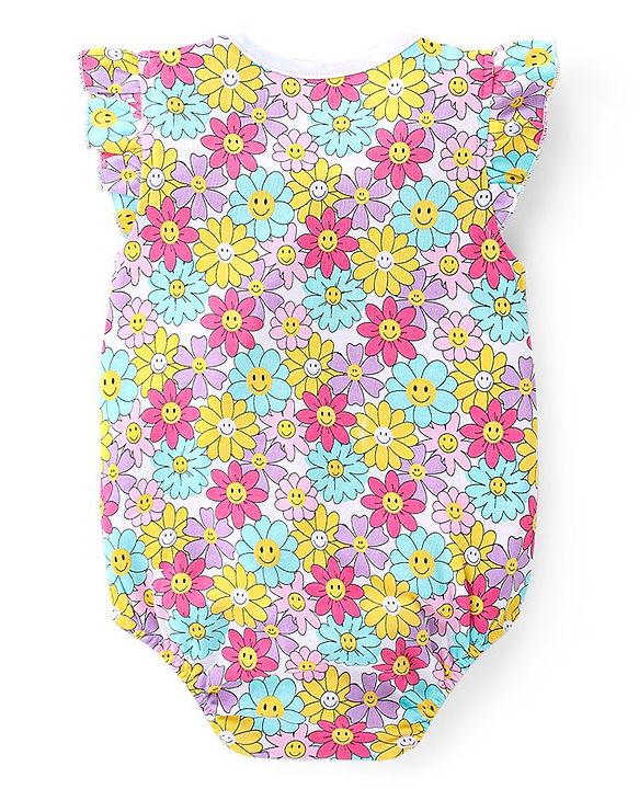 Babyhug 100% Cotton Knit Frill Sleeves Floral Printed Onesie - Multicolour