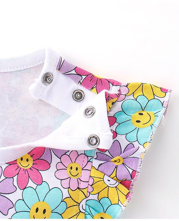 Babyhug 100% Cotton Knit Frill Sleeves Floral Printed Onesie - Multicolour