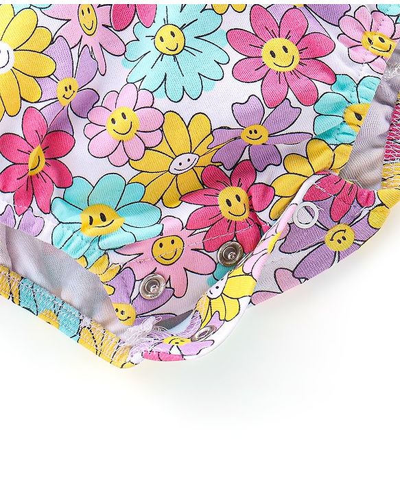 Babyhug 100% Cotton Knit Frill Sleeves Floral Printed Onesie - Multicolour