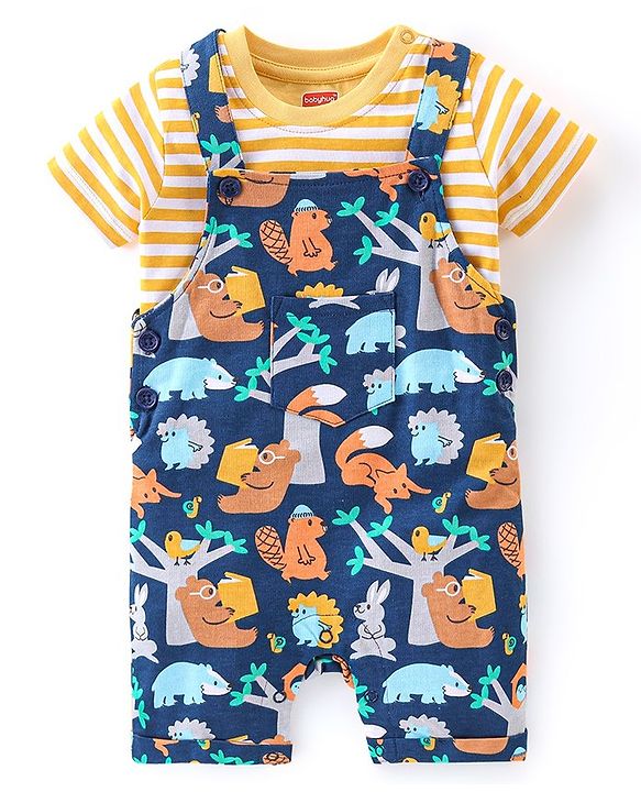 Babyhug 100% Cotton Knit Dungaree & Half Sleeves T-Shirt Set With Animals Print - Blue & Yellow