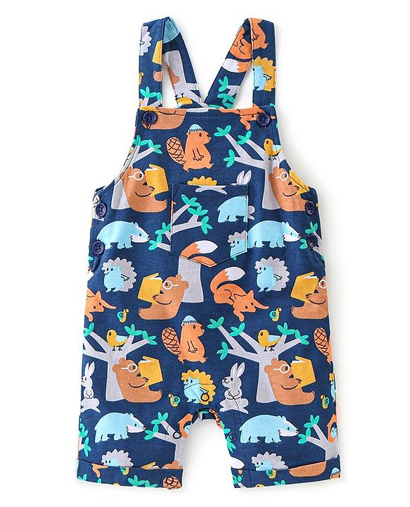 Babyhug 100% Cotton Knit Dungaree & Half Sleeves T-Shirt Set With Animals Print - Blue & Yellow