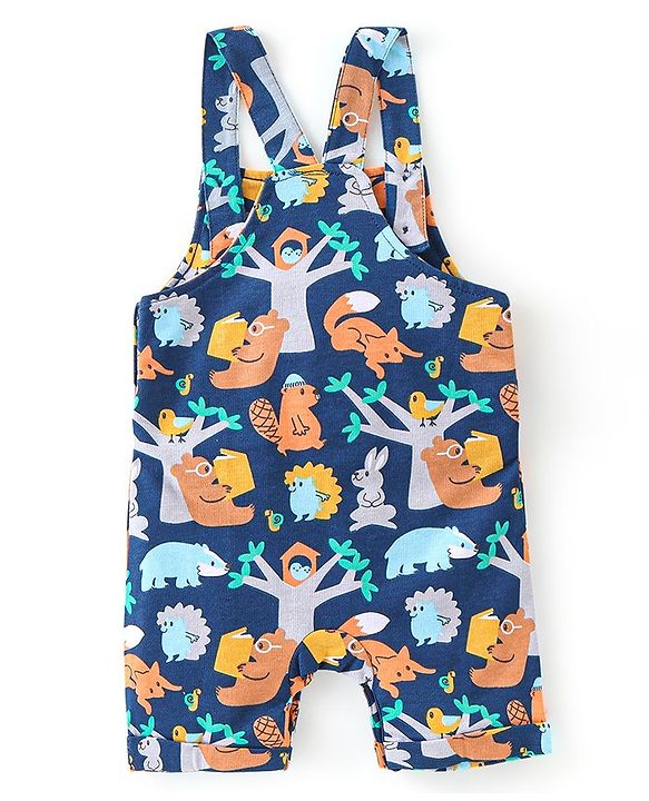 Babyhug 100% Cotton Knit Dungaree & Half Sleeves T-Shirt Set With Animals Print - Blue & Yellow