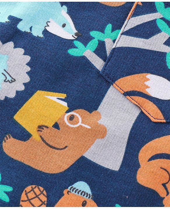 Babyhug 100% Cotton Knit Dungaree & Half Sleeves T-Shirt Set With Animals Print - Blue & Yellow