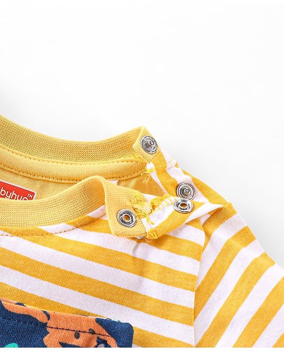Babyhug 100% Cotton Knit Dungaree & Half Sleeves T-Shirt Set With Animals Print - Blue & Yellow