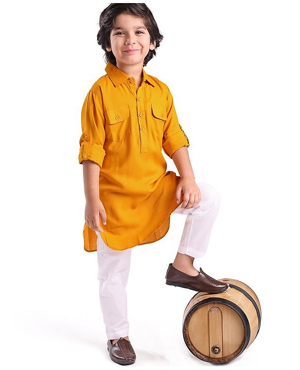 Babyhug Rayon Full Sleeves Pathani Kurta & Pyjama Set Solid Color - Yellow