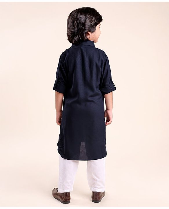 Babyhug Rayon Full Sleeves Pathani Kurta & Pyjama Set Solid Color - Navy Blue