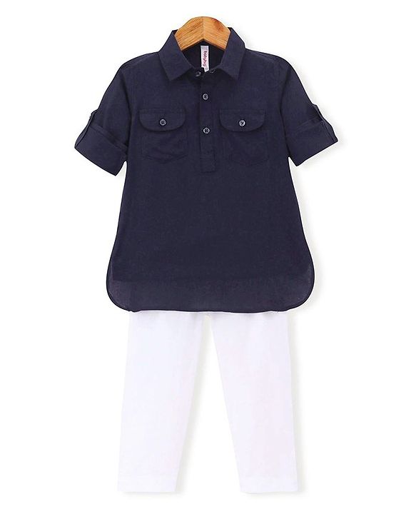 Babyhug Rayon Full Sleeves Pathani Kurta & Pyjama Set Solid Color - Navy Blue