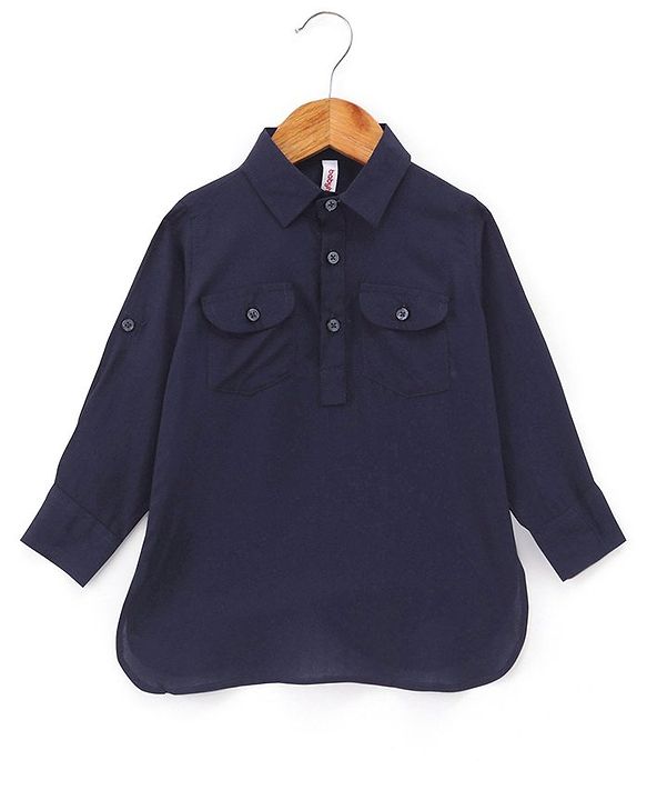 Babyhug Rayon Full Sleeves Pathani Kurta & Pyjama Set Solid Color - Navy Blue