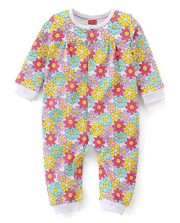 Babyhug 100% Cotton Knit Full Sleeves Romper With Floral Print- Multicolour