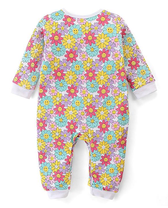 Babyhug 100% Cotton Knit Full Sleeves Romper With Floral Print- Multicolour