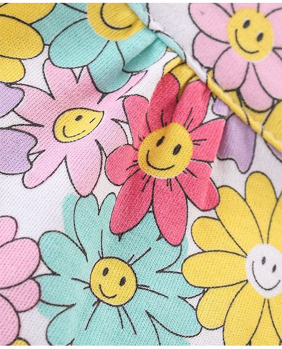 Babyhug 100% Cotton Knit Full Sleeves Romper With Floral Print- Multicolour