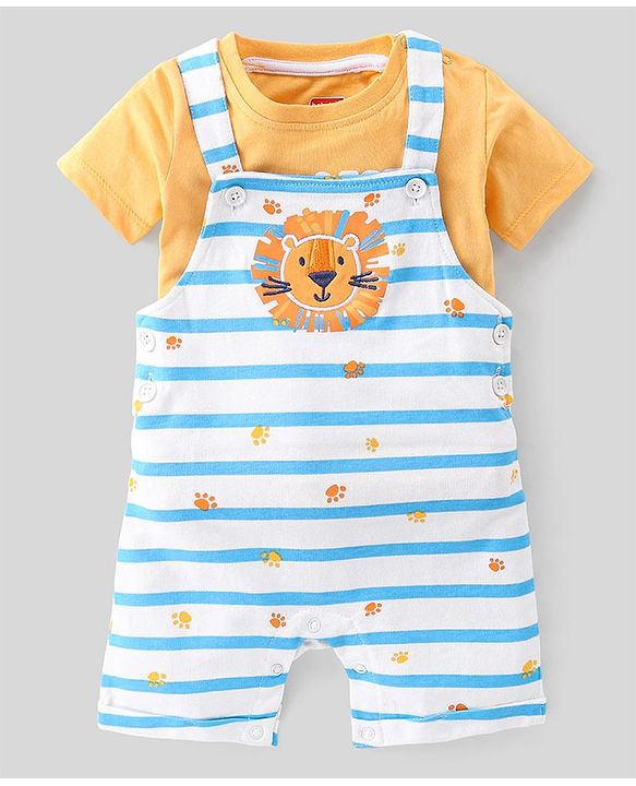 Babyhug 100% Cotton Knit Dungaree and Half Sleeves T-Shirt Set Text & Lion Print - Orange & Blue