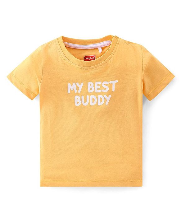 Babyhug 100% Cotton Knit Dungaree and Half Sleeves T-Shirt Set Text & Lion Print - Orange & Blue