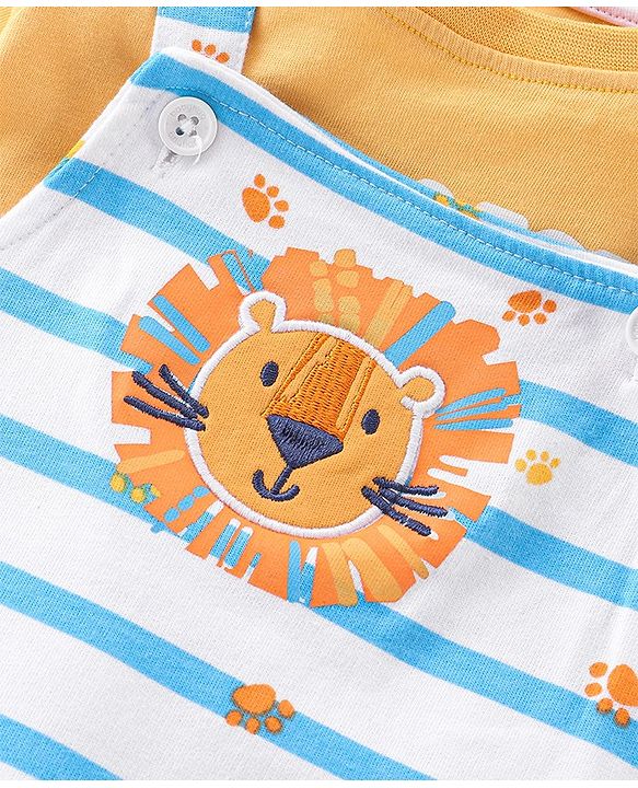 Babyhug 100% Cotton Knit Dungaree and Half Sleeves T-Shirt Set Text & Lion Print - Orange & Blue