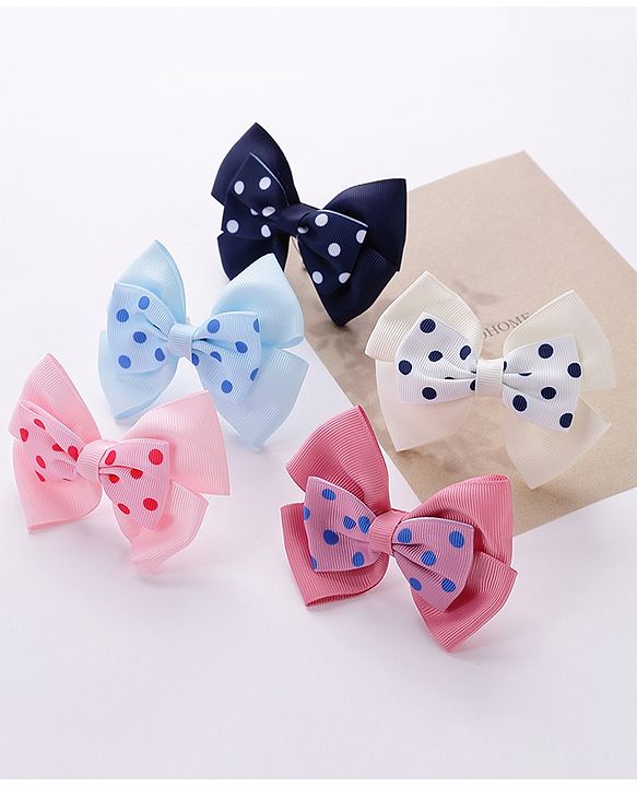 Pine Kids Free Size Bow & Butterfly Cips with Polka Dots Print Pack of 5 - Multicolour