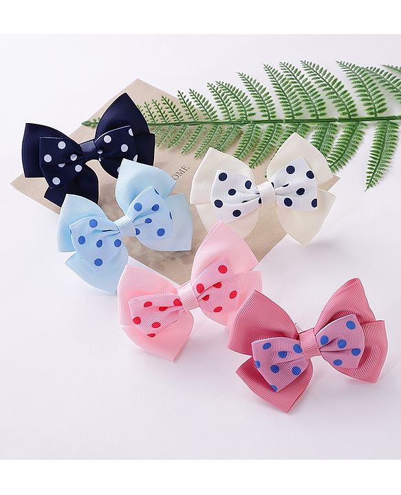 Pine Kids Free Size Bow & Butterfly Cips with Polka Dots Print Pack of 5 - Multicolour